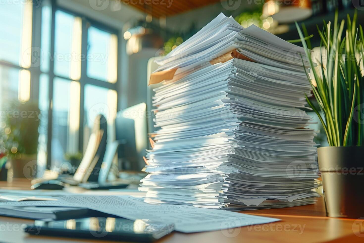 Piles of paper office filled with paperwork full archive file documents stack of folders information outdated old technology digitalization reports unorganized history messy research photo