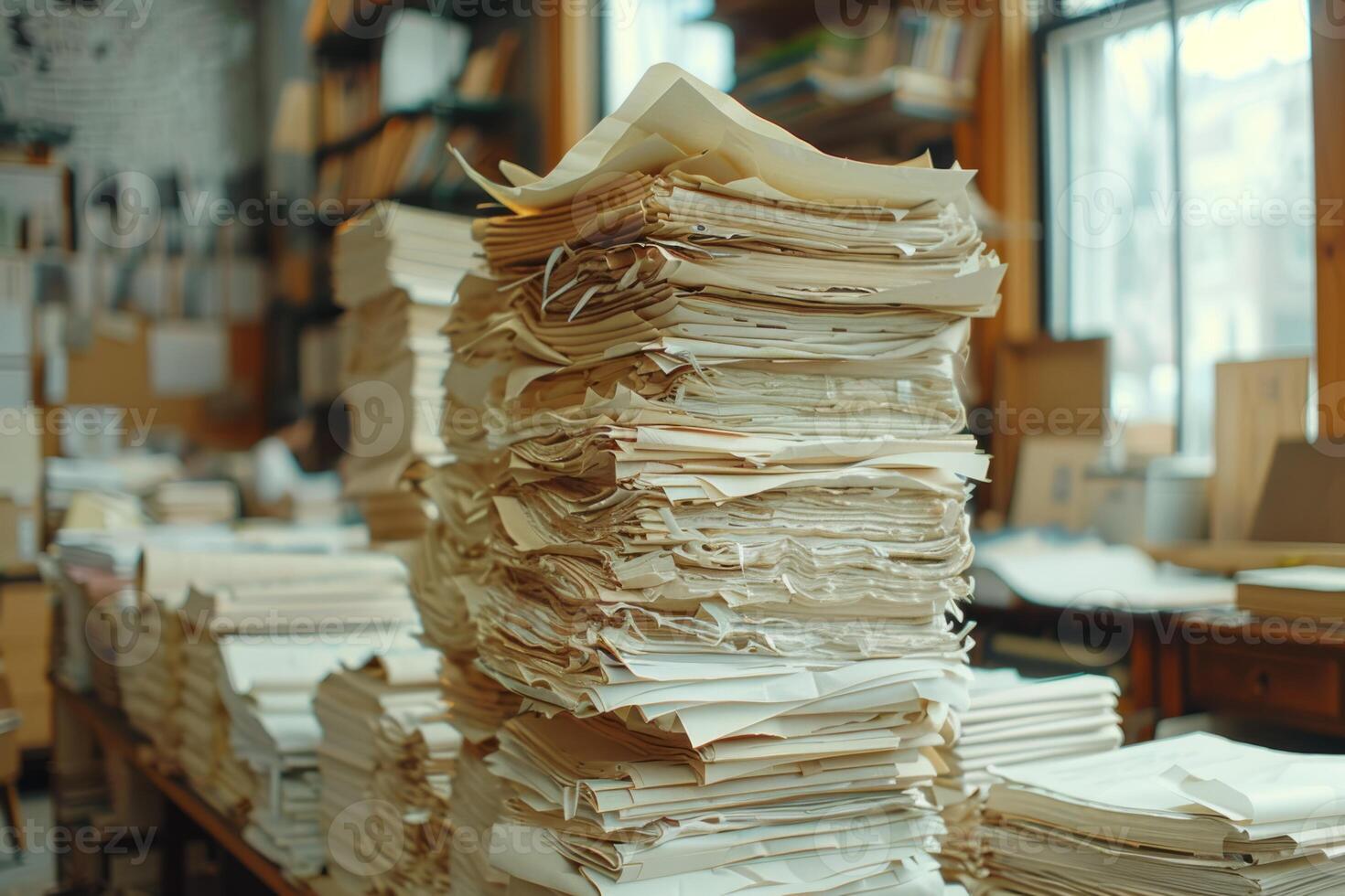 Piles of paper office filled with paperwork full archive file documents stack of folders information outdated old technology digitalization reports unorganized history messy research photo