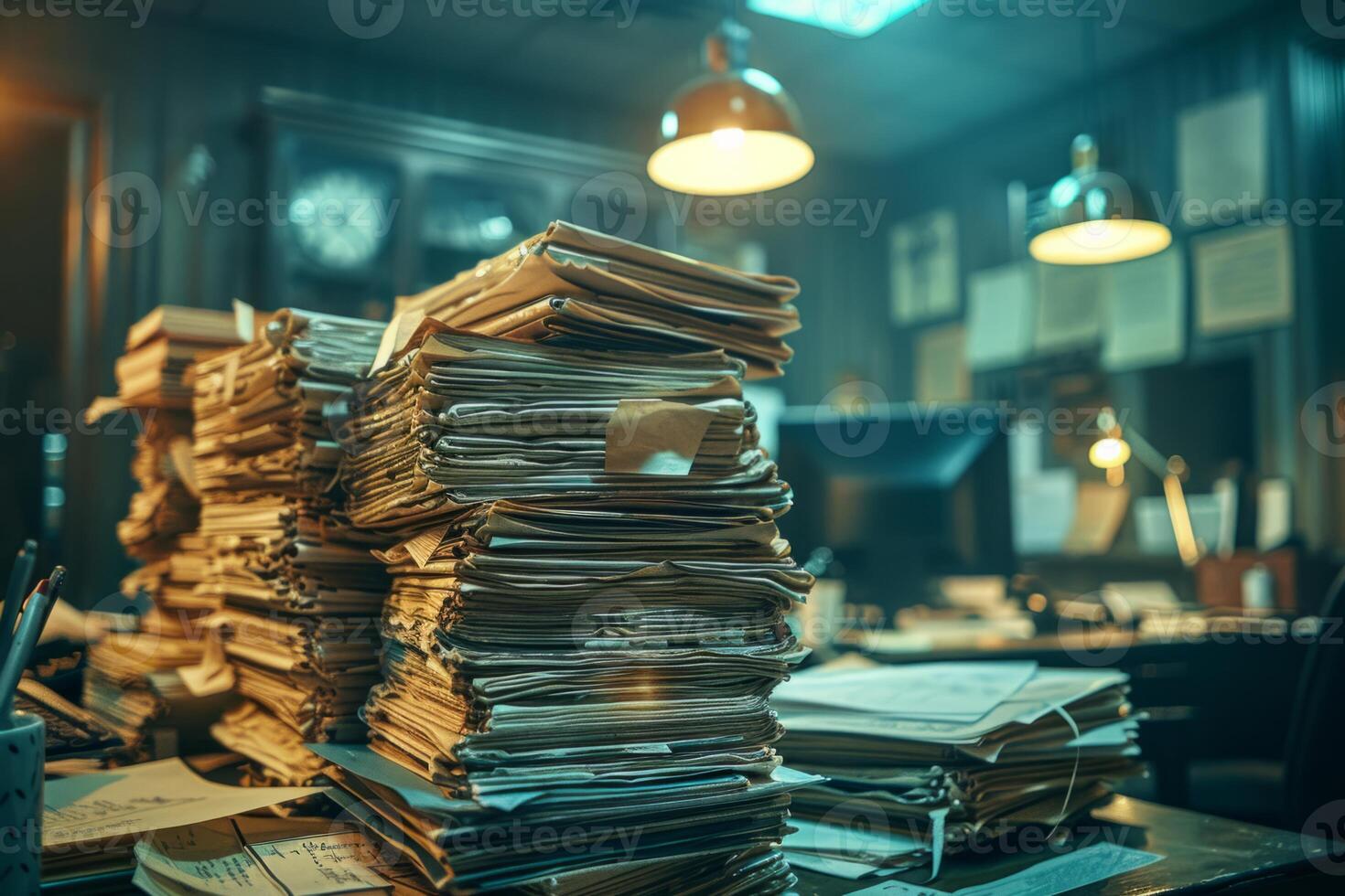 Piles of paper office filled with paperwork full archive file documents stack of folders information outdated old technology digitalization reports unorganized history messy research photo