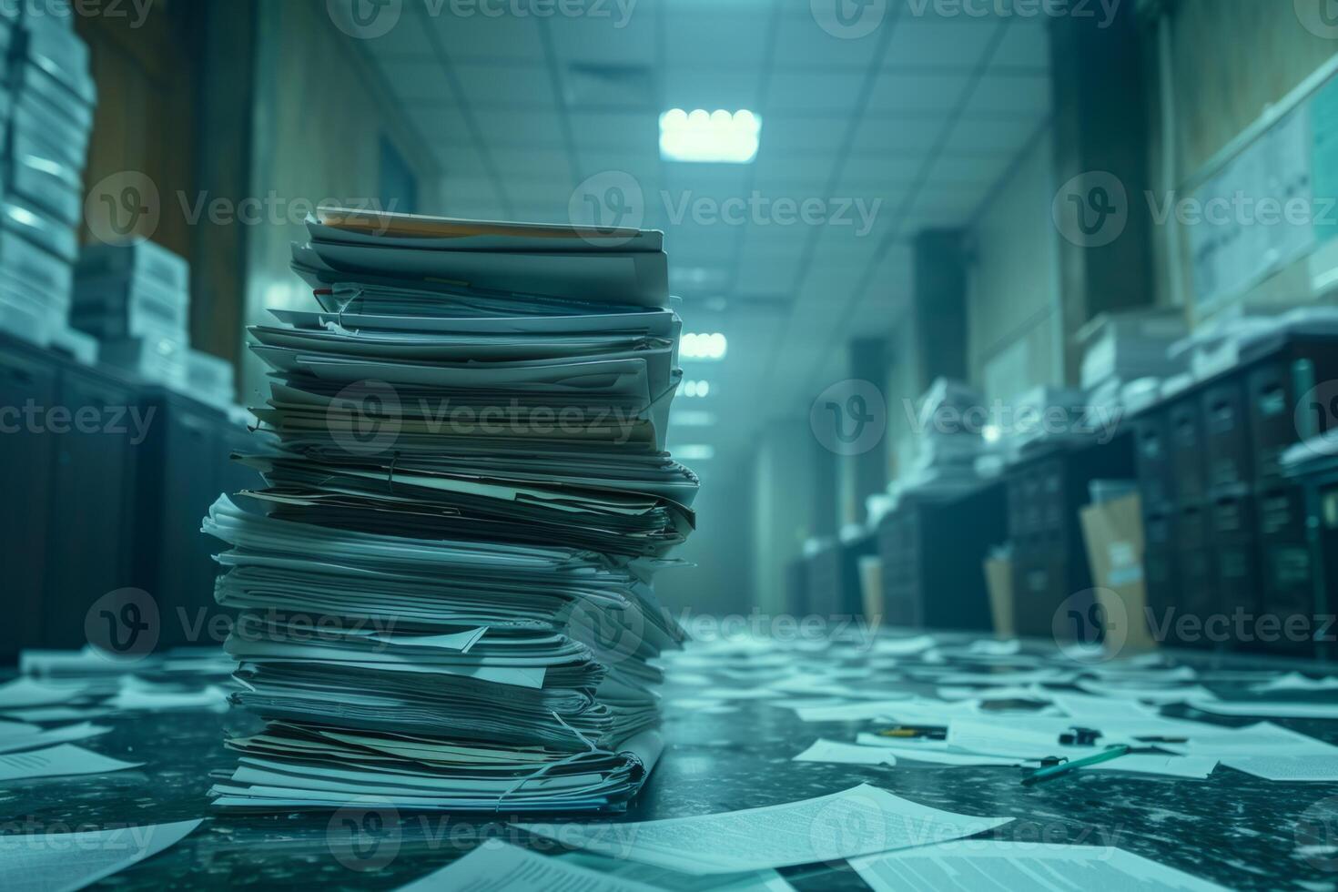 Piles of paper office filled with paperwork full archive file documents stack of folders information outdated old technology digitalization reports unorganized history messy research photo