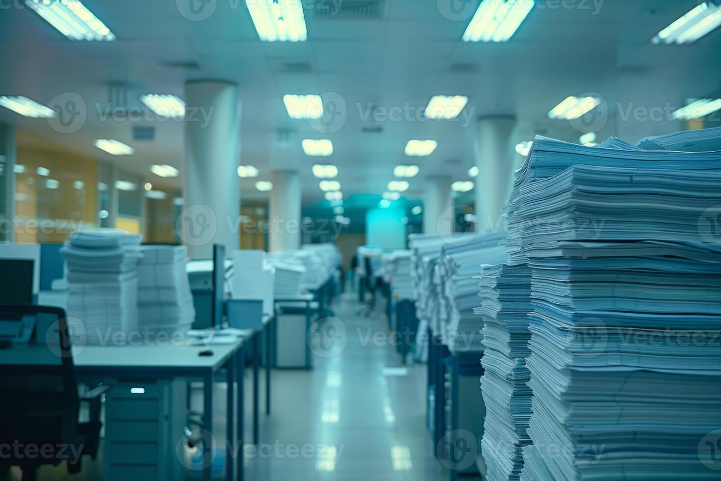 Piles of paper office filled with paperwork full archive file documents stack of folders information outdated old technology digitalization reports unorganized history messy research photo