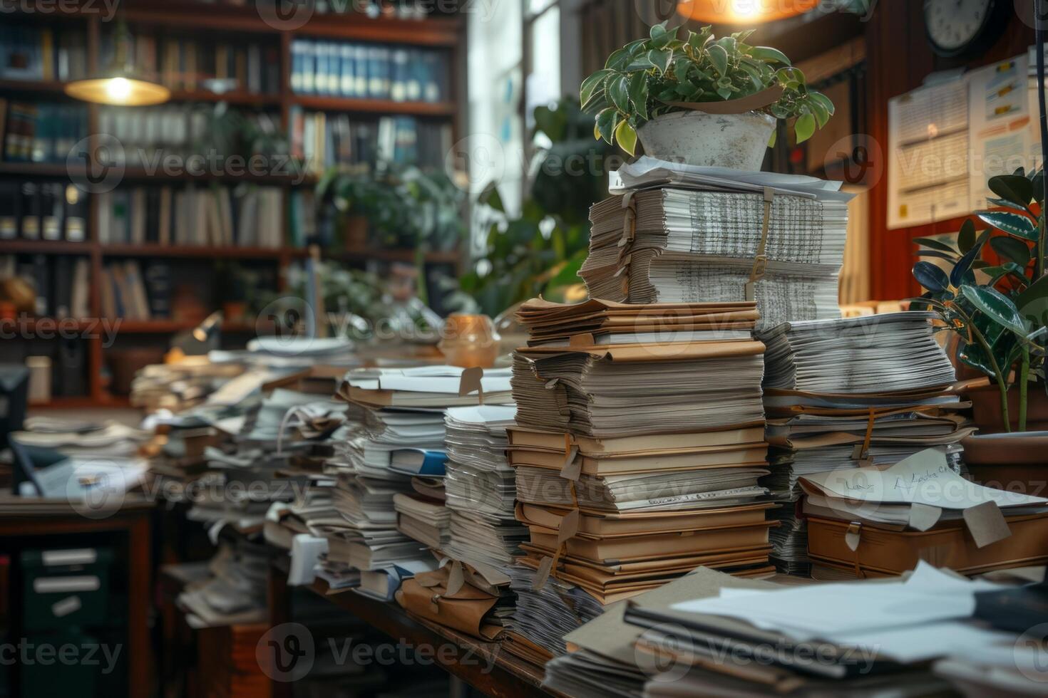 Piles of paper office filled with paperwork full archive file documents stack of folders information outdated old technology digitalization reports unorganized history messy research photo