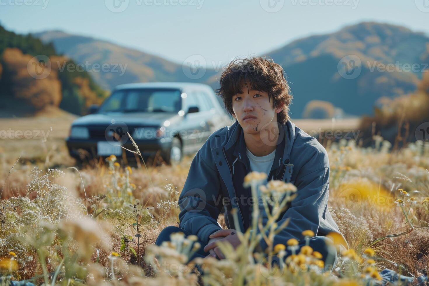 Car crash devastated person crying auto accident insurance cover wreck driver damage health issue emergency situation injury safety concern assistance highway road hit sad helpless pain photo