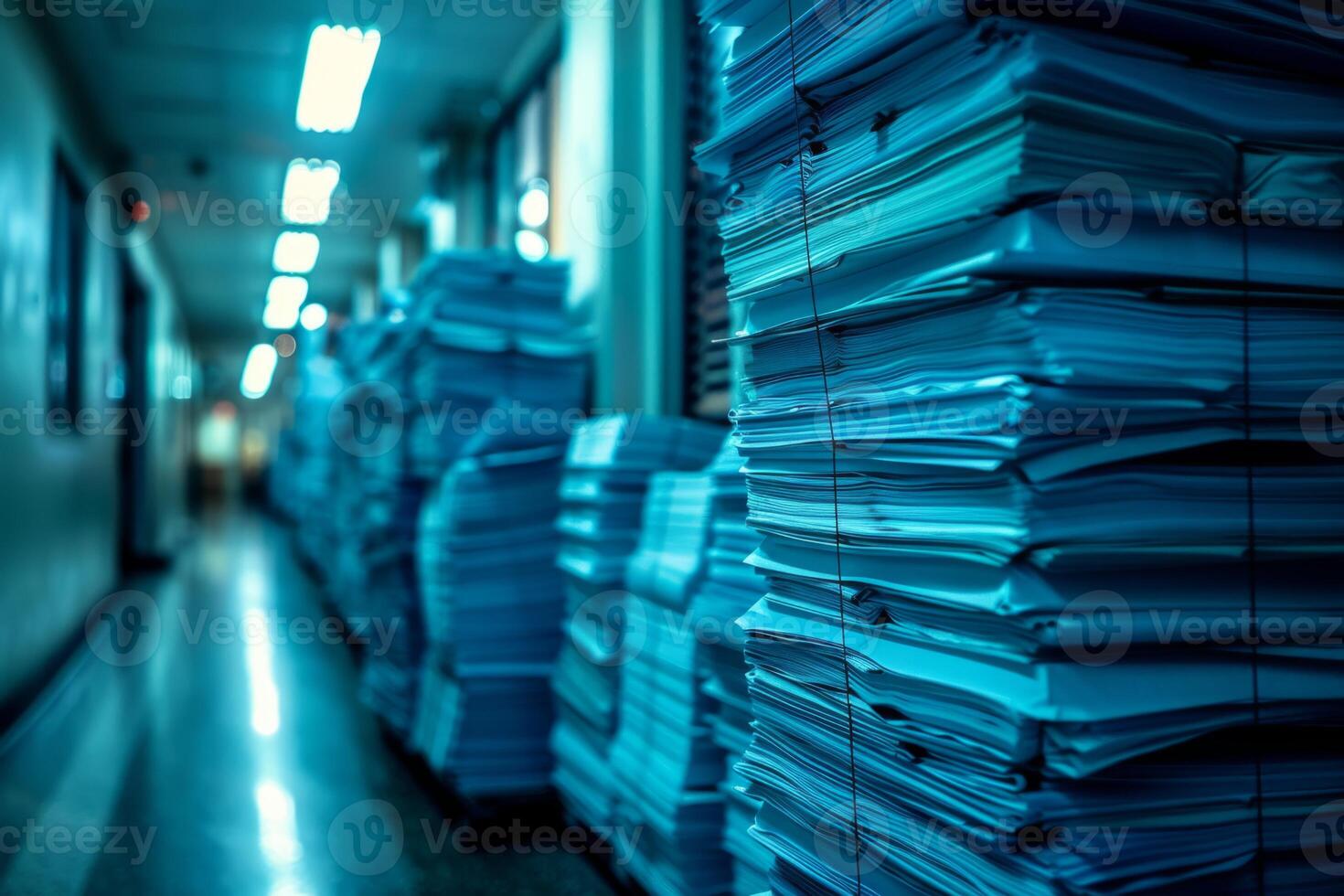 Piles of paper office filled with paperwork full archive file documents stack of folders information outdated old technology digitalization reports unorganized history messy research photo