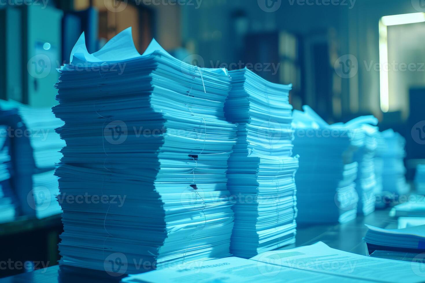 Piles of paper office filled with paperwork full archive file documents stack of folders information outdated old technology digitalization reports unorganized history messy research photo