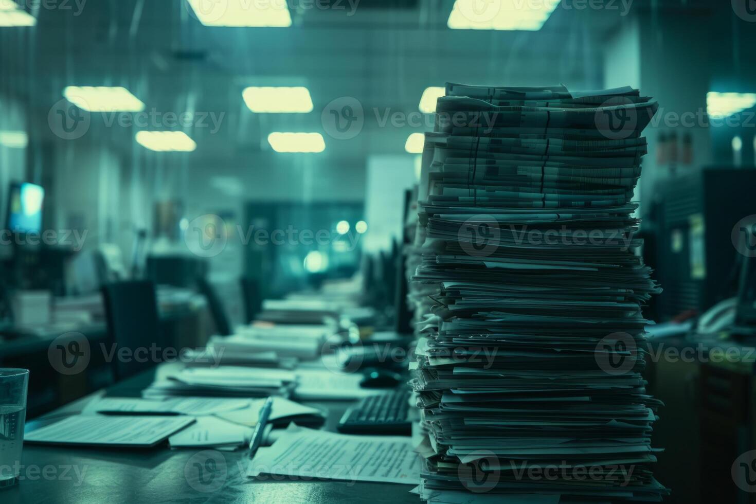 Piles of paper office filled with paperwork full archive file documents stack of folders information outdated old technology digitalization reports unorganized history messy research photo