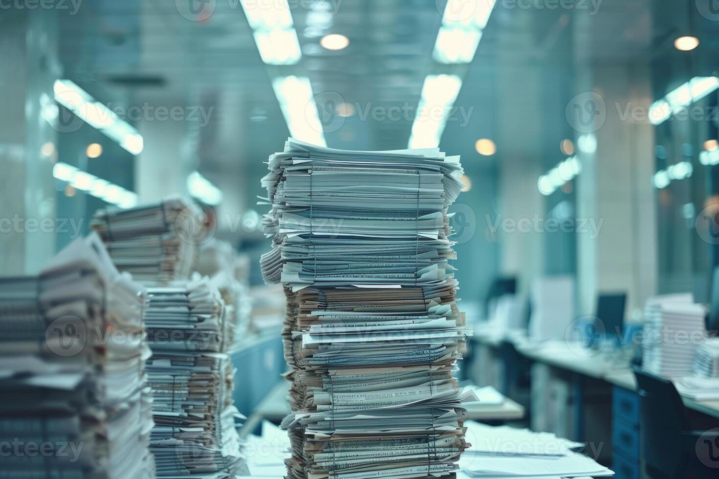Piles of paper office filled with paperwork full archive file documents stack of folders information outdated old technology digitalization reports unorganized history messy research photo