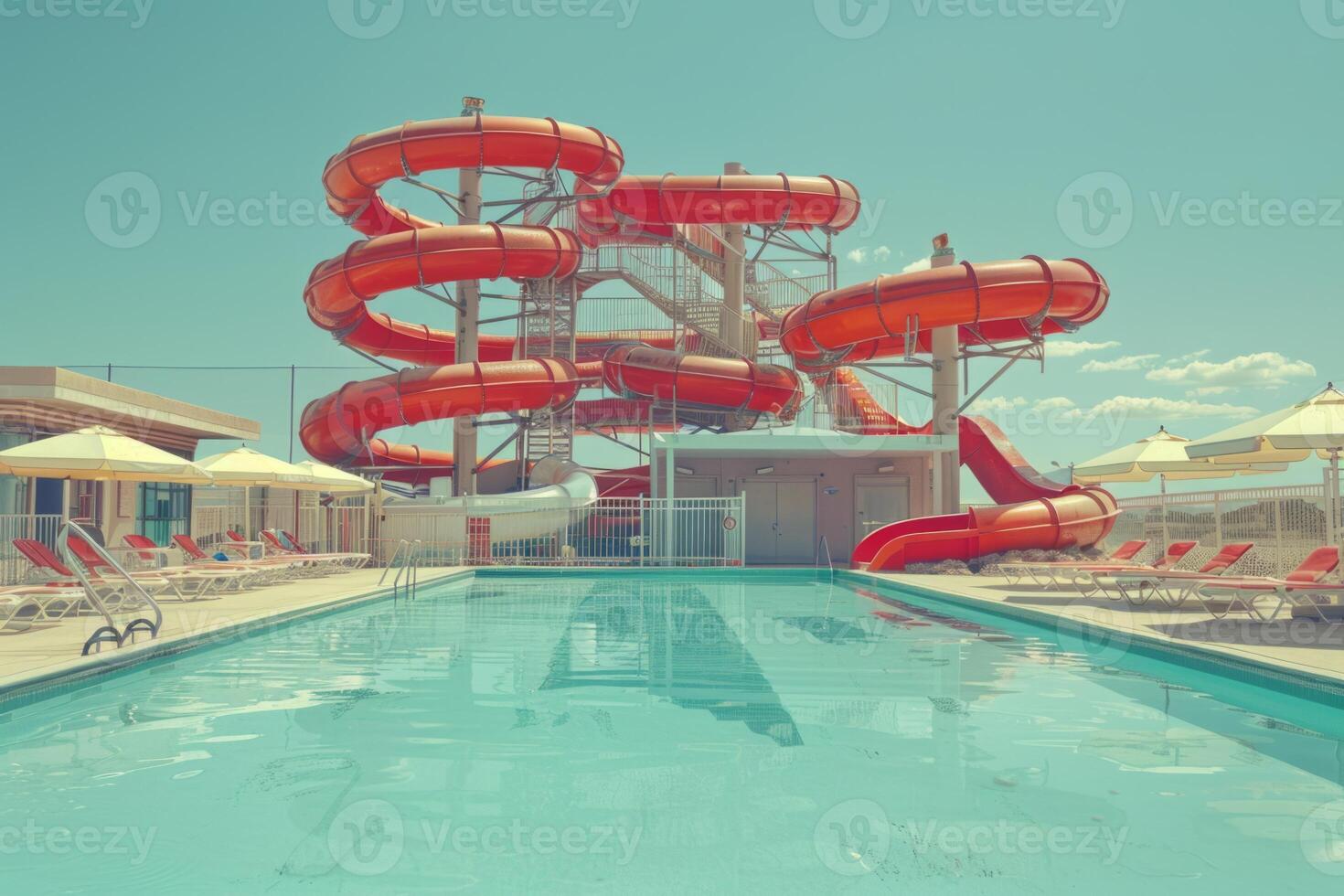 Water slide amusement park tourist attraction summer kids festivity festival joy pool with blue clear water vacation leisure time aquapark fast sliding pipes colorful resort entertainment photo