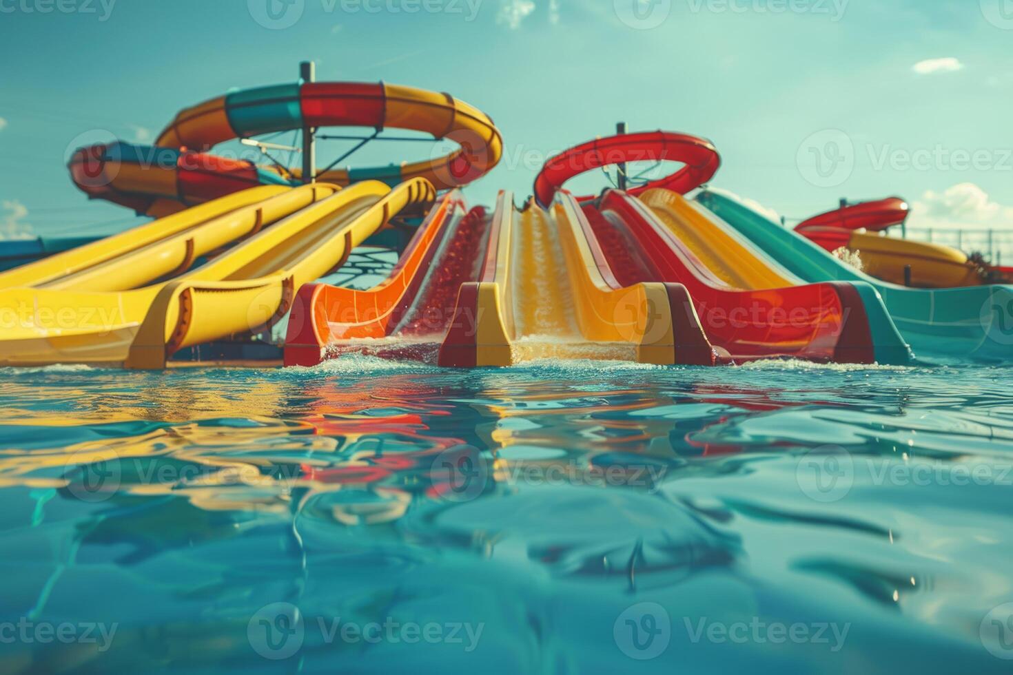 Water slide amusement park tourist attraction summer kids festivity festival joy pool with blue clear water vacation leisure time aquapark fast sliding pipes colorful resort entertainment photo
