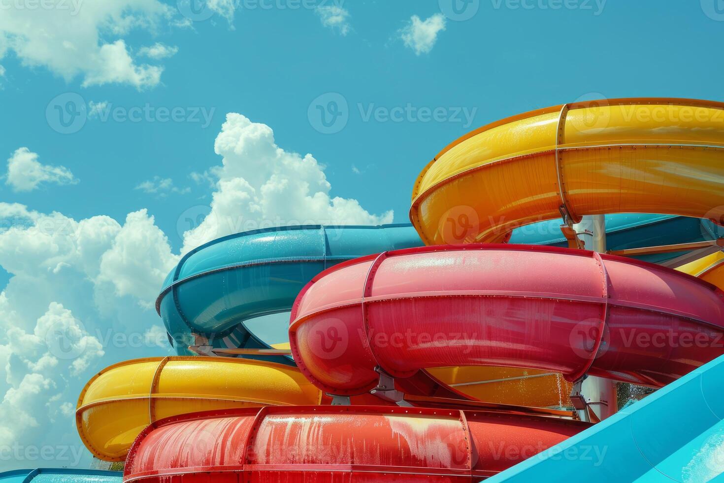 Water slide amusement park tourist attraction summer kids festivity festival joy pool with blue clear water vacation leisure time aquapark fast sliding pipes colorful resort entertainment photo