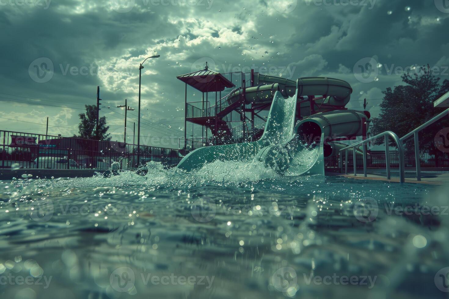 Water slide amusement park tourist attraction summer kids festivity festival joy pool with blue clear water vacation leisure time aquapark fast sliding pipes colorful resort entertainment photo