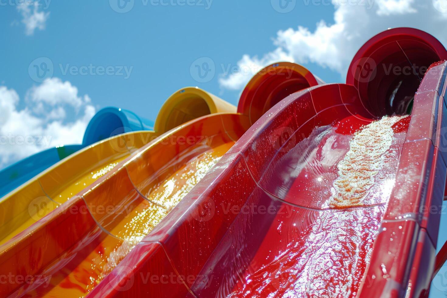 Water slide amusement park tourist attraction summer kids festivity festival joy pool with blue clear water vacation leisure time aquapark fast sliding pipes colorful resort entertainment photo