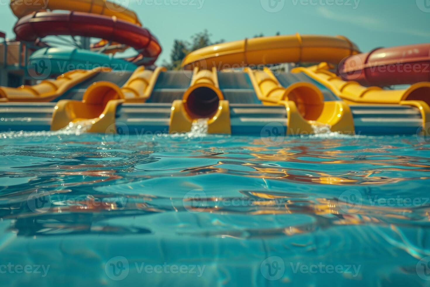 Water slide amusement park tourist attraction summer kids festivity festival joy pool with blue clear water vacation leisure time aquapark fast sliding pipes colorful resort entertainment photo