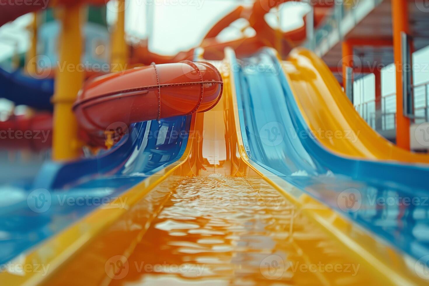 Water slide amusement park tourist attraction summer kids festivity festival joy pool with blue clear water vacation leisure time aquapark fast sliding pipes colorful resort entertainment photo