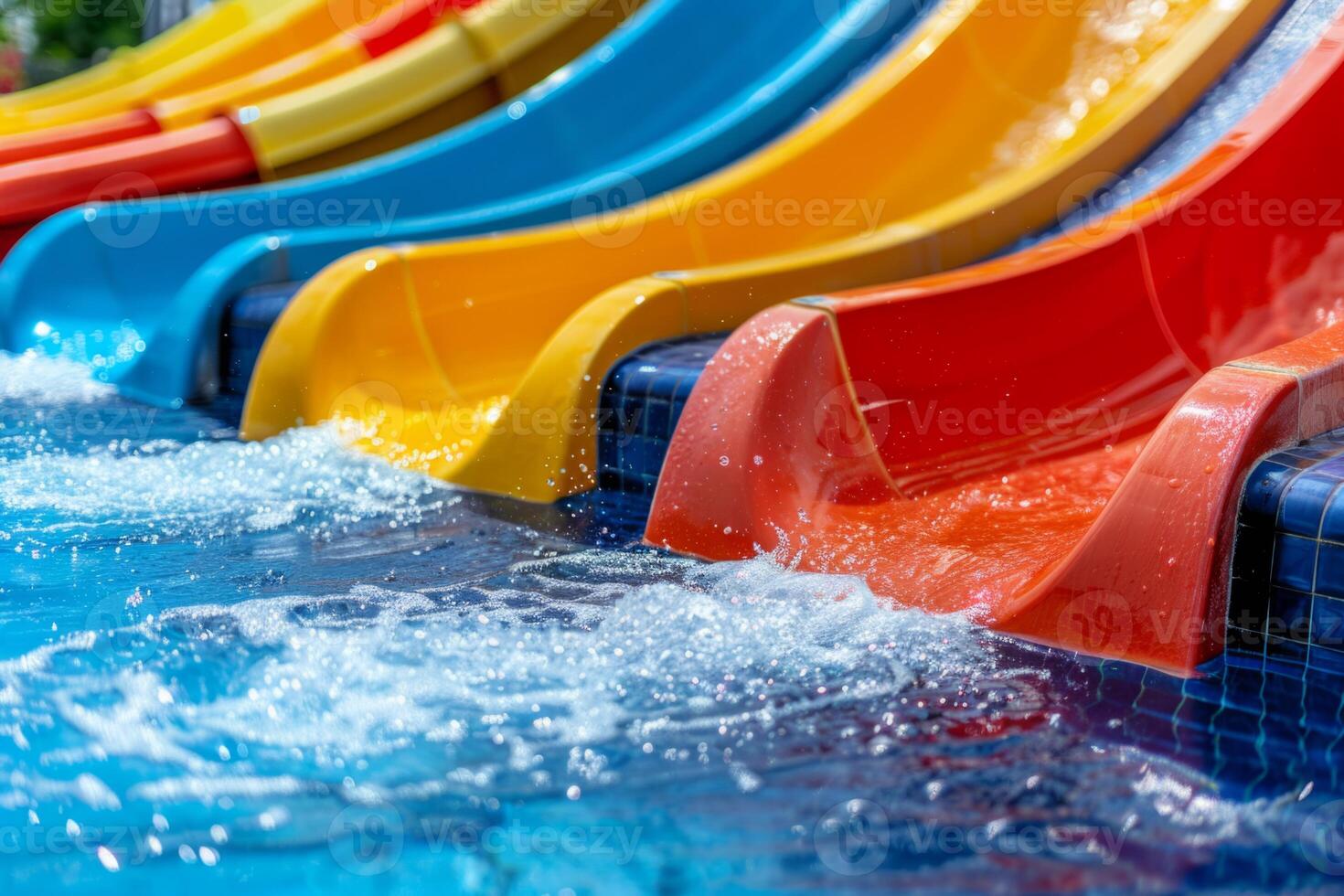 Water slide amusement park tourist attraction summer kids festivity festival joy pool with blue clear water vacation leisure time aquapark fast sliding pipes colorful resort entertainment photo