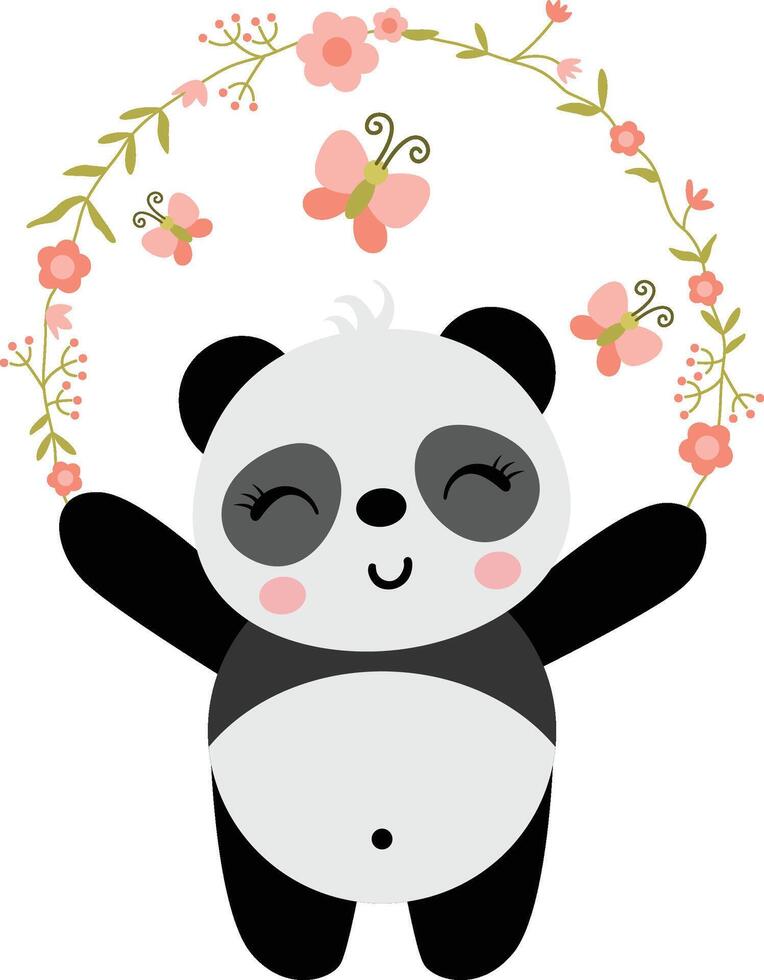 Cute panda with wreath of flowers and butterfly vector