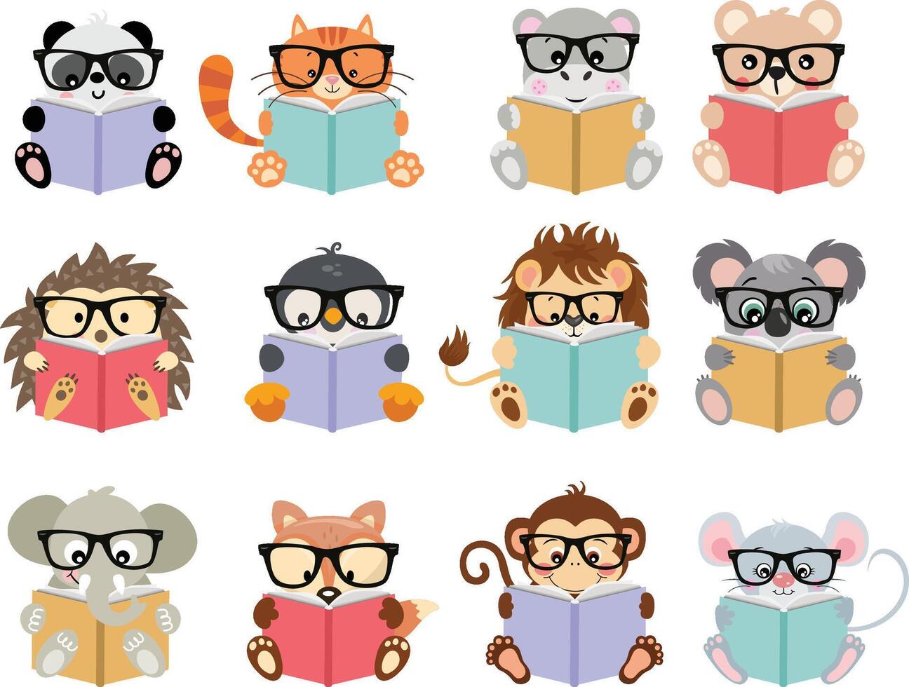 Set digital collage of cute animals reading a book vector