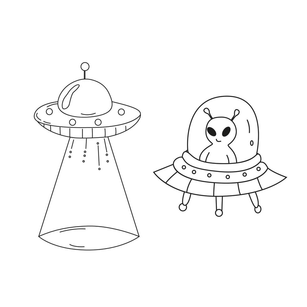 Space, planets and aliens line icons set. Planets, stars, asteroid, ufo, flying saucer, rocket, satellite and inscription. Aliens line illustration vector