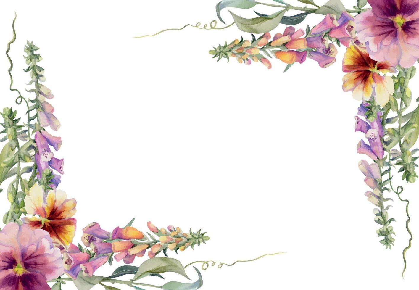 Hand drawn watercolor illustration botanical flowers leaves. Foxglove snapdragon lupin, mauve pansy viola, willow eucalyptus branches, columbine. Frame isolated on white. Design wedding, love cards vector