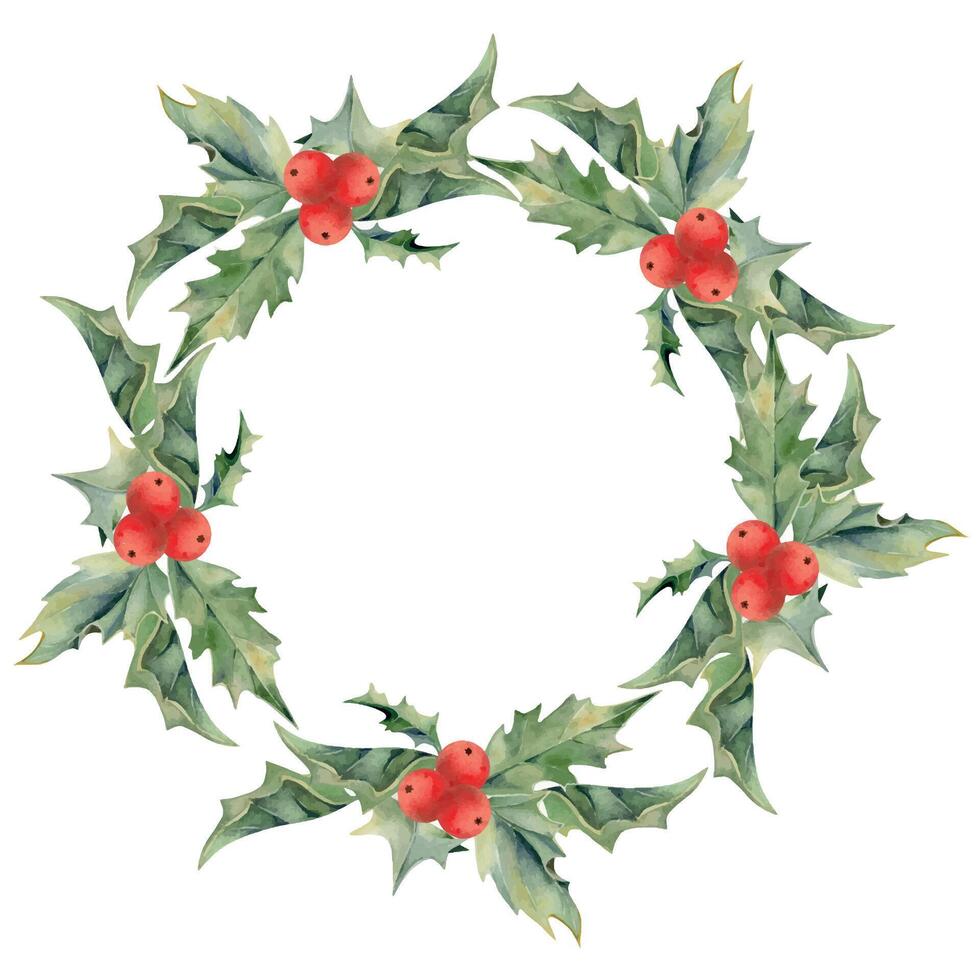 Holly evergreen leaves with red berries rosette. Watercolor hand drawn illustration, wreath chaplet frame isolated on white. Xmas, happy new year festive, noel navidad. Print paper, textile fabric vector