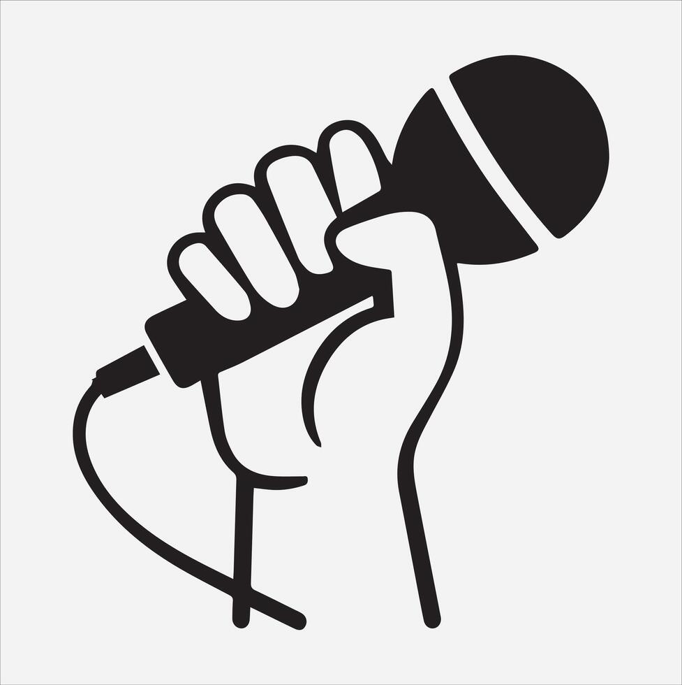 grabing microphone By hand line art silhouette illustration vector