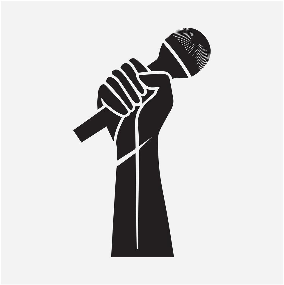 grabing microphone By hand line art silhouette illustration vector