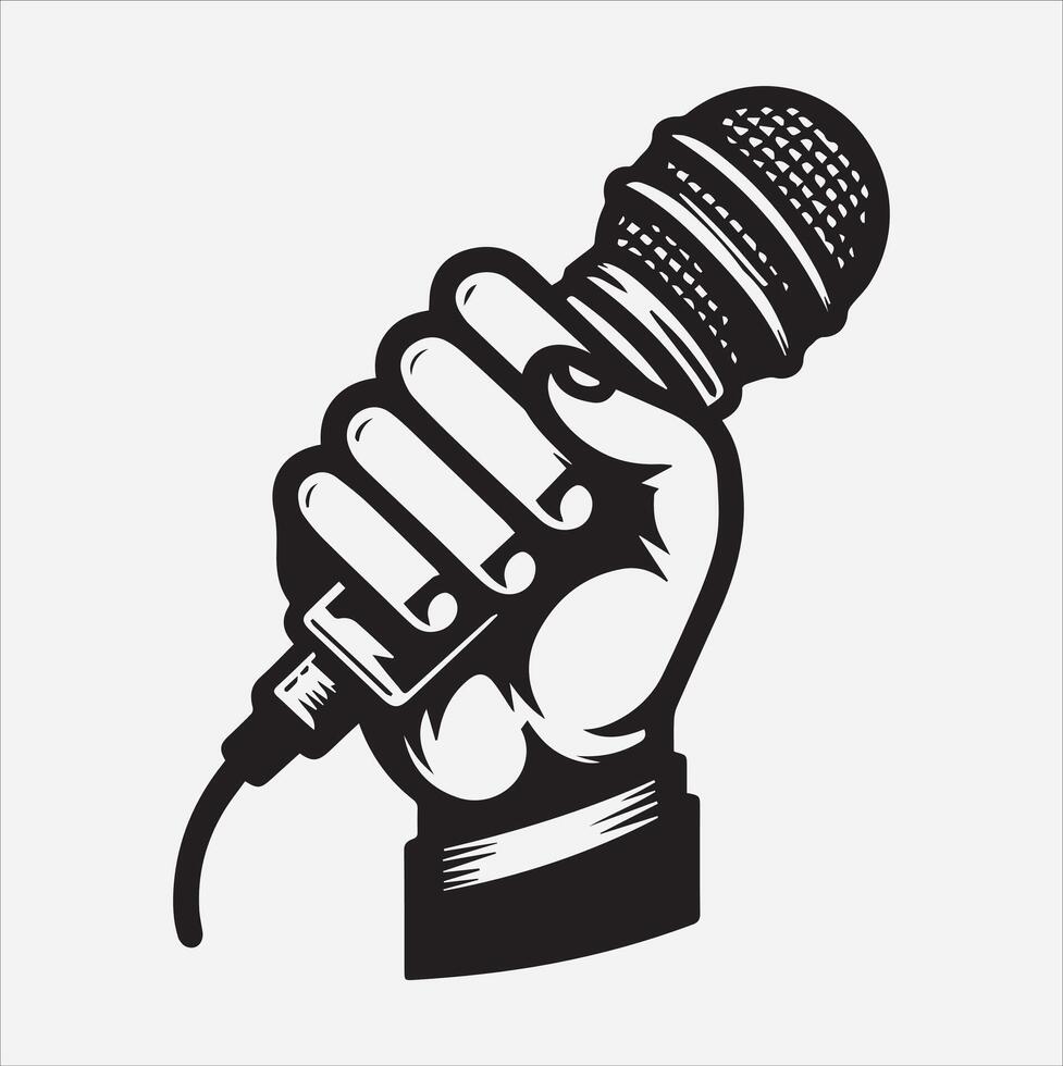 grabing microphone By hand line art silhouette illustration vector