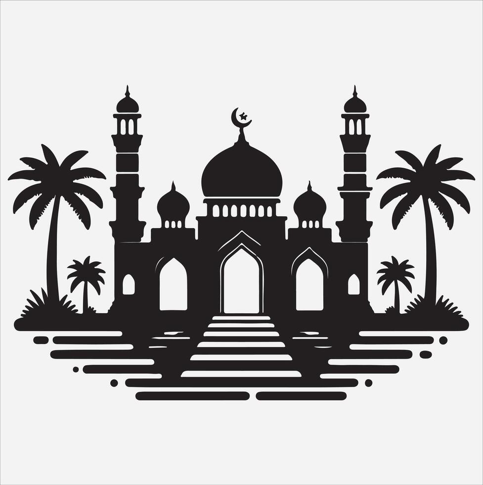 minimal mosque art illustration, silhouette on black, white background vector