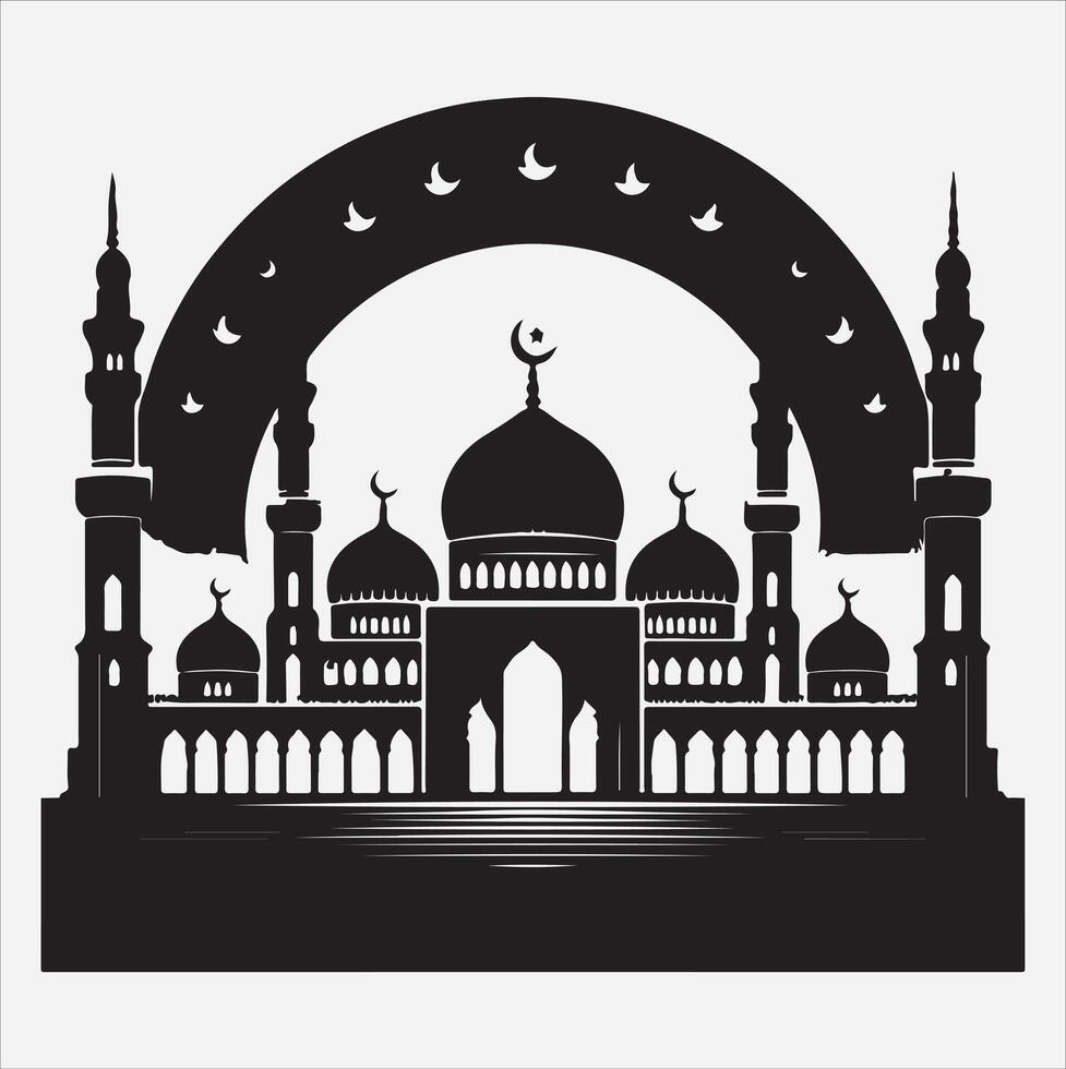 minimal mosque art illustration, silhouette on black, white background vector
