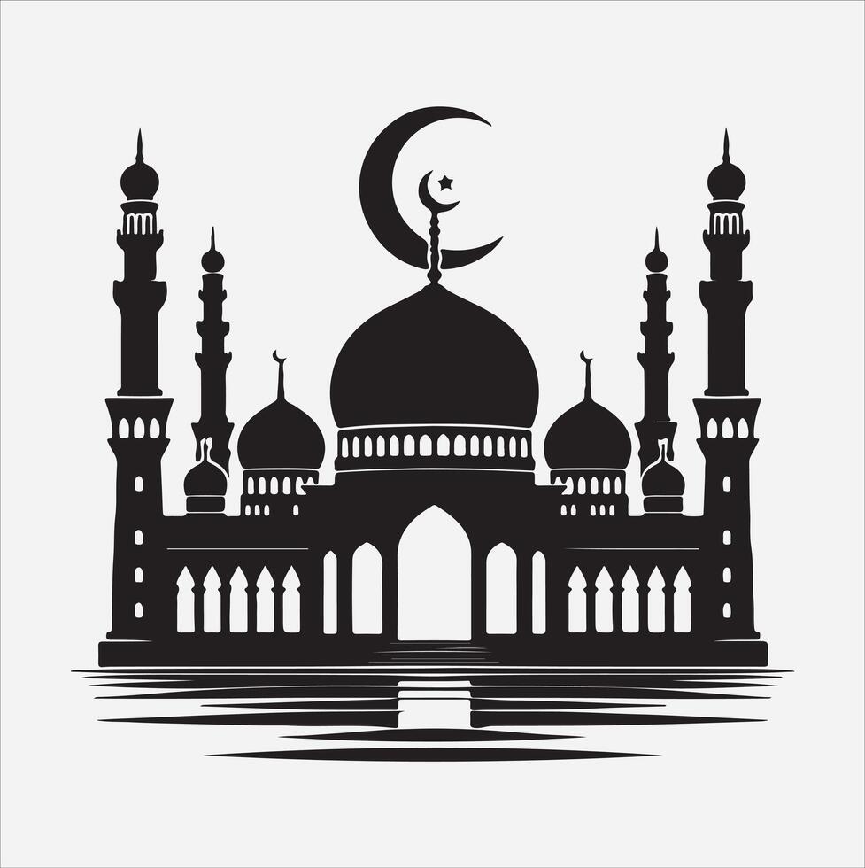 minimal mosque art illustration, silhouette on black, white background vector