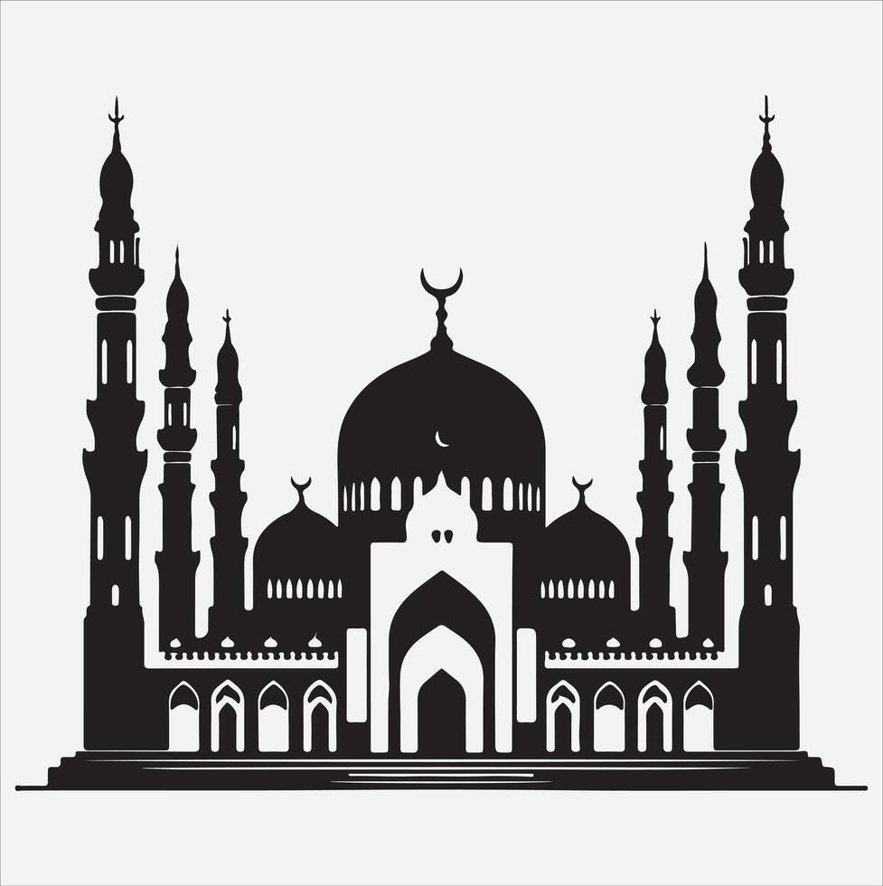 minimal mosque art illustration, silhouette on black, white background vector