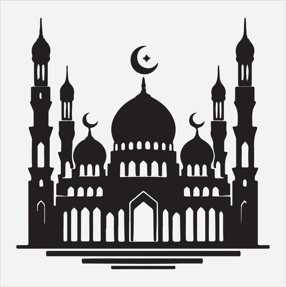 minimal mosque art illustration, silhouette on black, white background vector