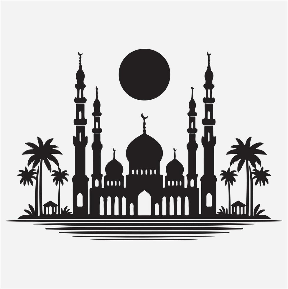 minimal mosque art illustration, silhouette on black, white background vector