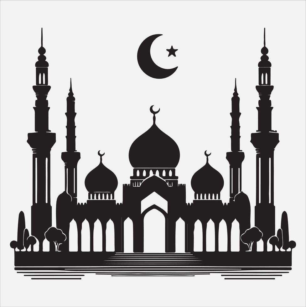 minimal mosque art illustration, silhouette on black, white background vector