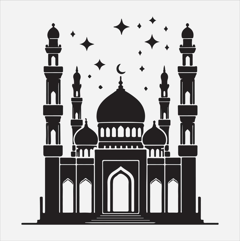 minimal mosque art illustration, silhouette on black, white background vector