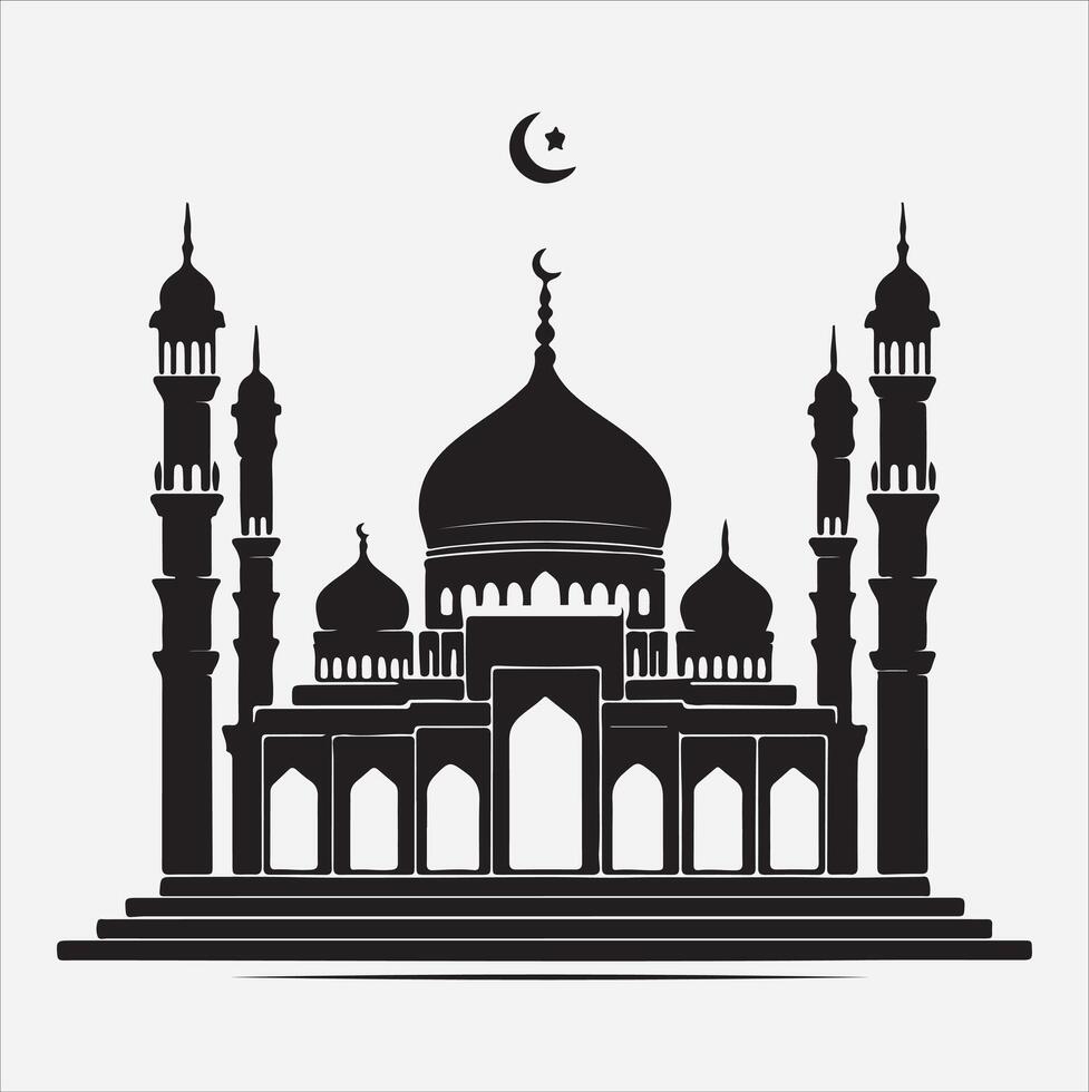 minimal mosque art illustration, silhouette on black, white background vector