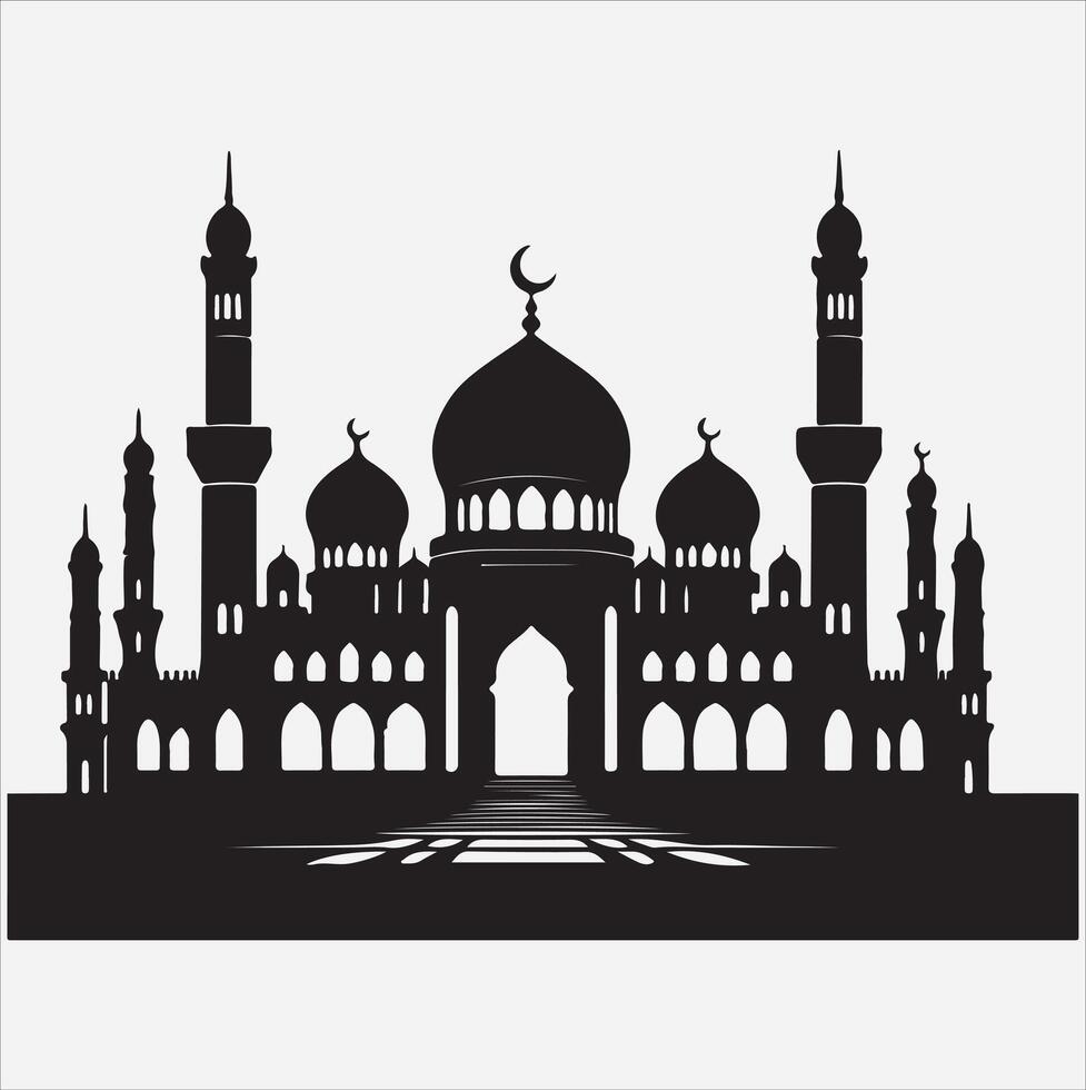 minimal mosque art illustration, silhouette on black, white background vector