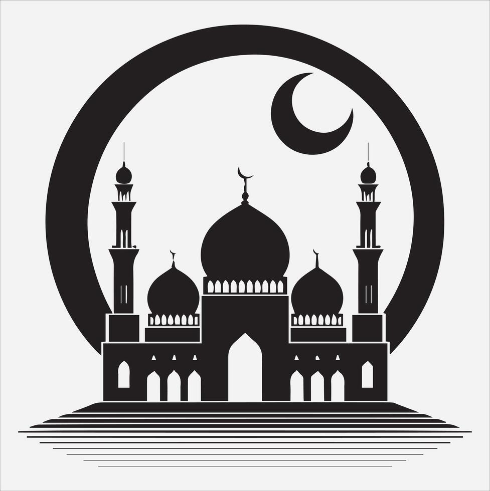 minimal mosque art illustration, silhouette on black, white background vector