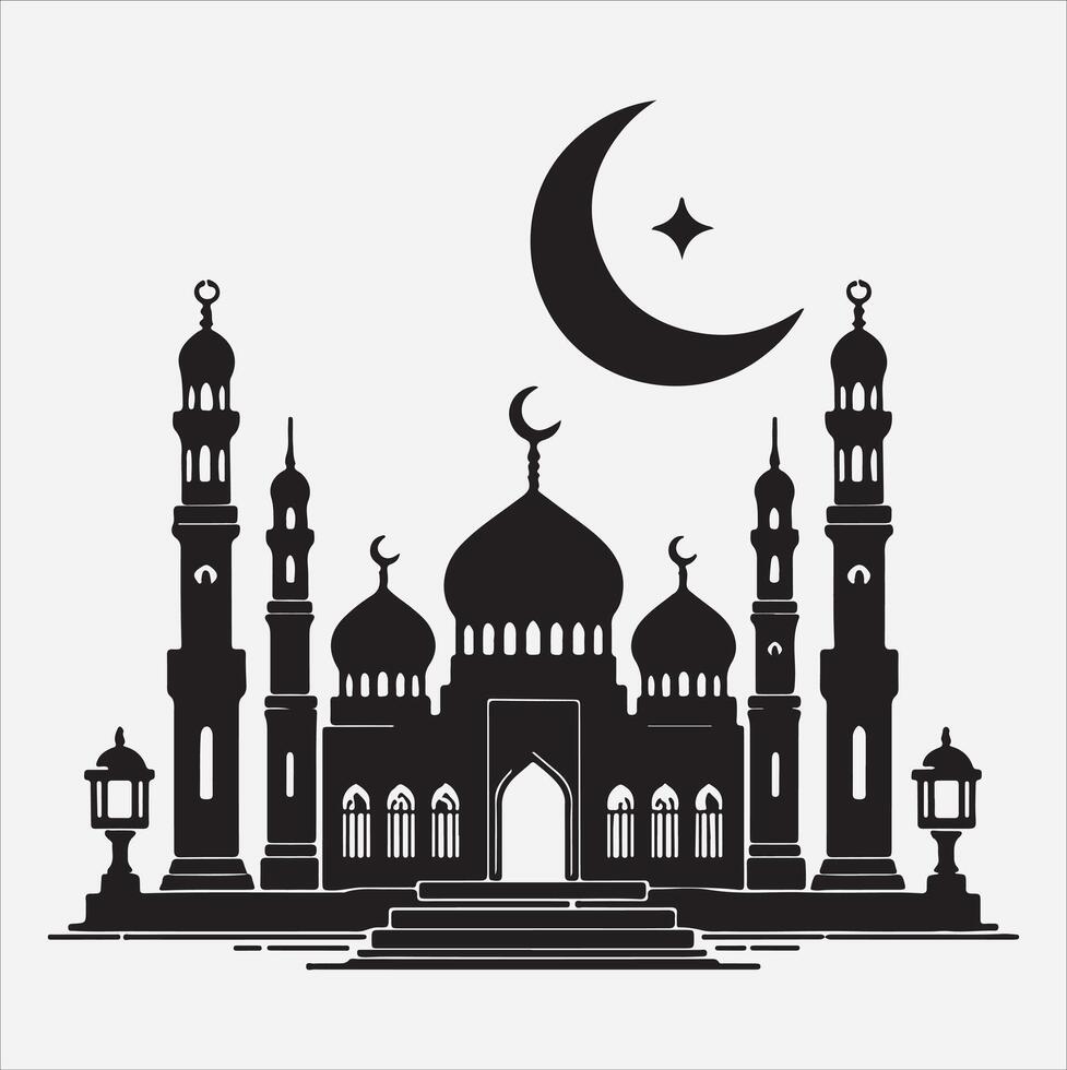 minimal mosque art illustration, silhouette on black, white background vector