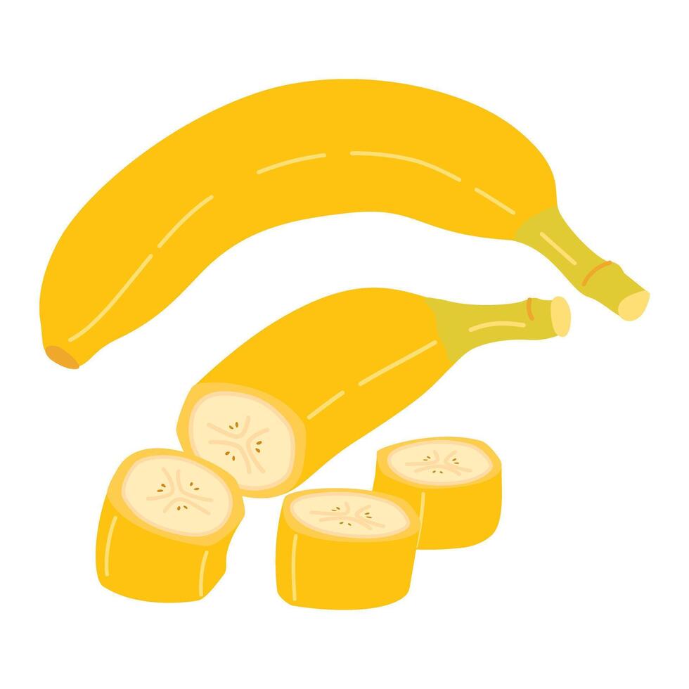 Fresh banana whole and cut in slice isolated on transparent background. Yellow tropical fruit, banana snack, healthy vegetarian and organic food. Hand drawn trendy flat style set illustration vector