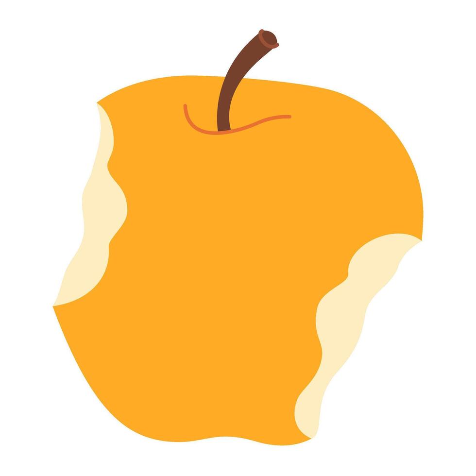 Yellow juicy bitten apple. Apple eaten cartoon image art. Hand drawn trendy flat style isolated on transparent background. Healthy vegetarian snack, bitten apple for design illustration vector