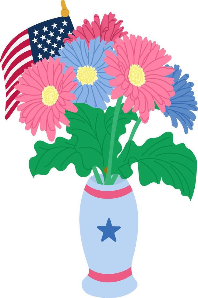 Flat patriotic bouquet of gerberas with US flag vector