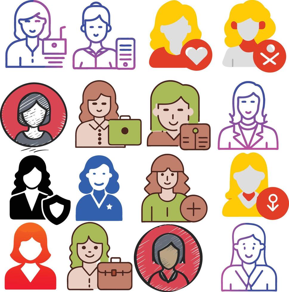 Diverse women avatars holding different objects and expressing different emotions vector