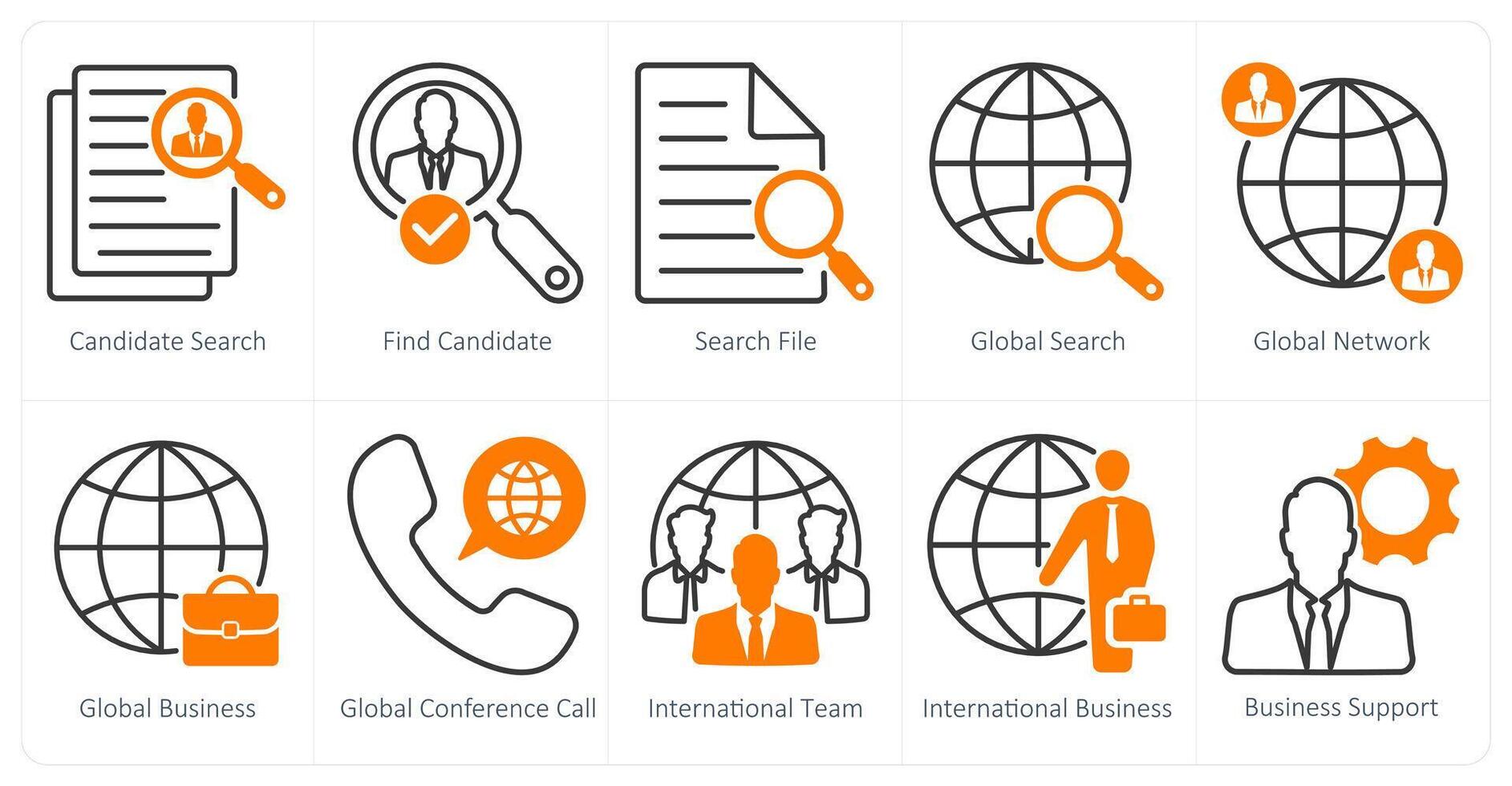 A set of 10 business and office icons as candidate search, find candidate, search file vector