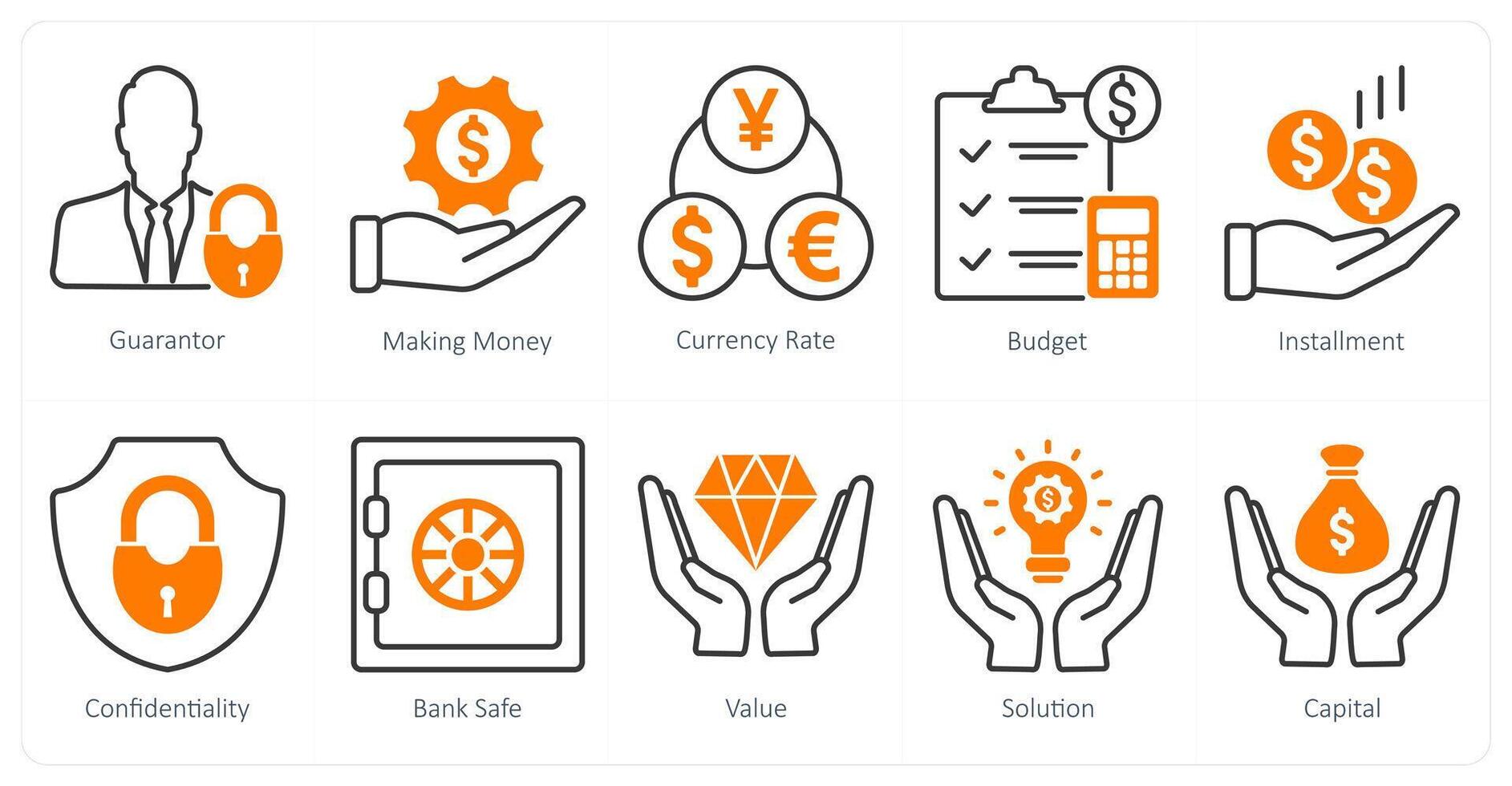 A set of 10 banking icons as gurantor, making money, currency rate vector