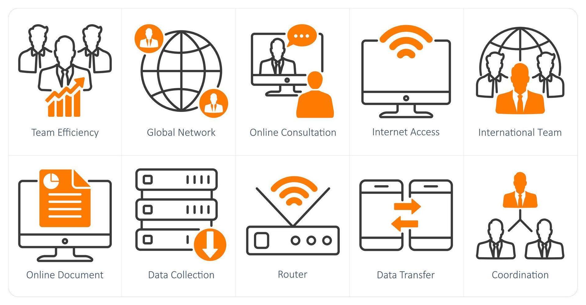 A set of 10 business and office icons as team efficiency, global network, online consultation vector