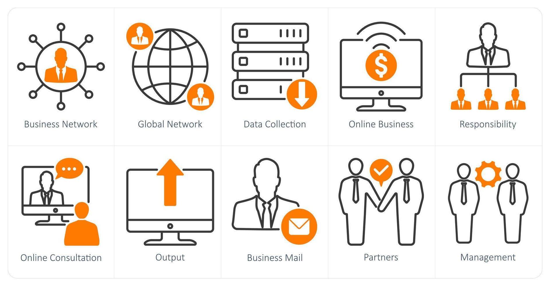 A set of 10 business and office icons as business network, global network, data collection vector