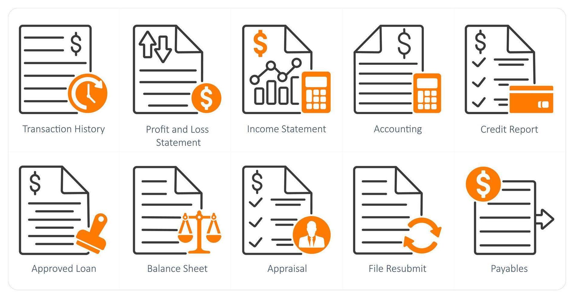 A set of 10 banking icons as transaction history, profit ans loss statement, income statement vector