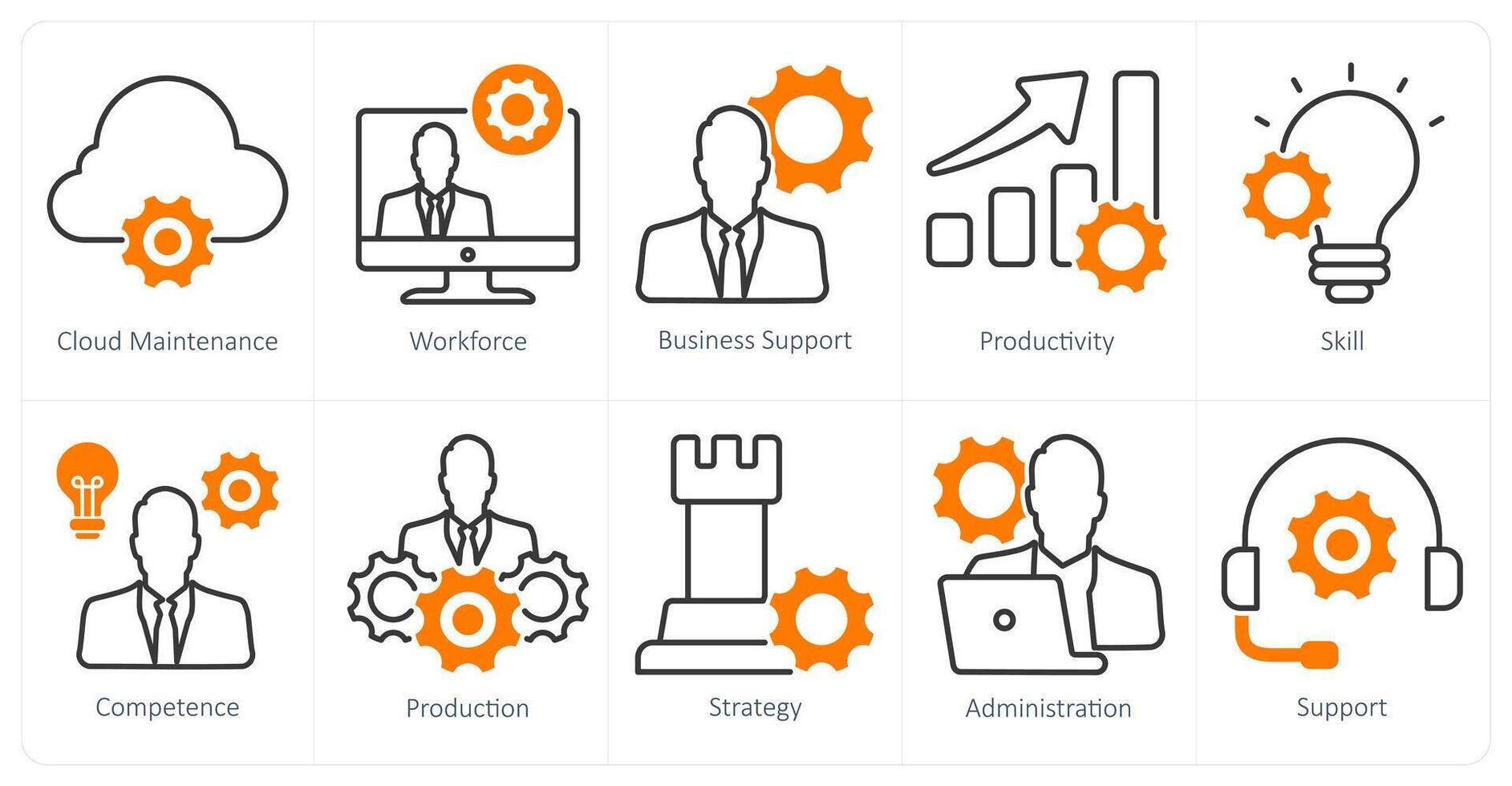 A set of 10 business and office icons as cloud maintenance, workforce, business support vector
