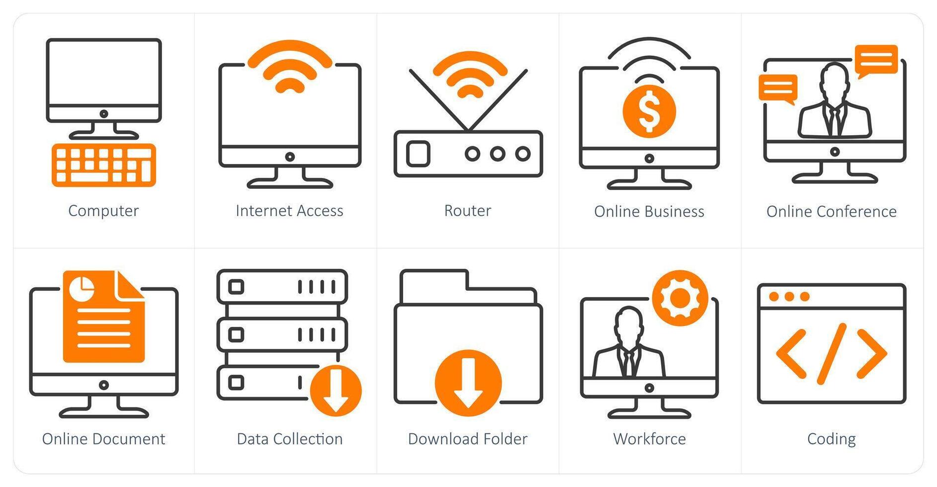 A set of 10 business and office icons as computer, internet access, router vector